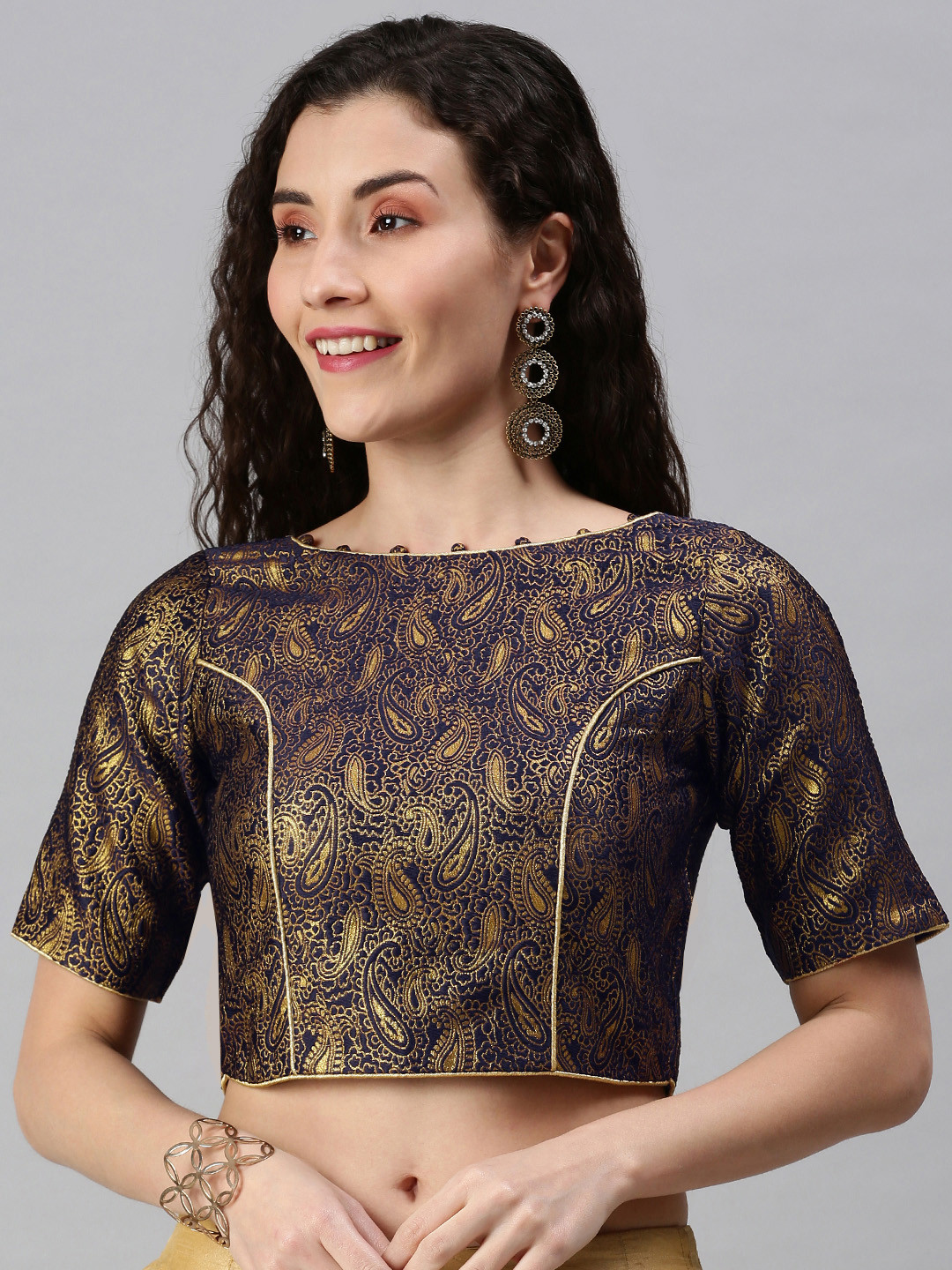 flaher Women Navy Blue & Golden Woven Saree Blouse