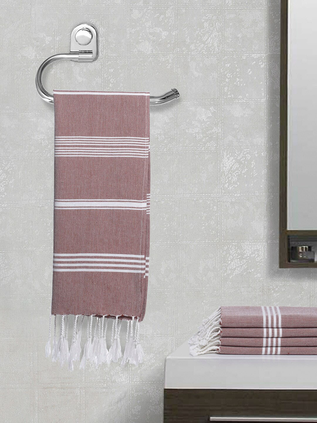 Arrabi Set Of 5 Red & White Striped Cotton Hand Towels