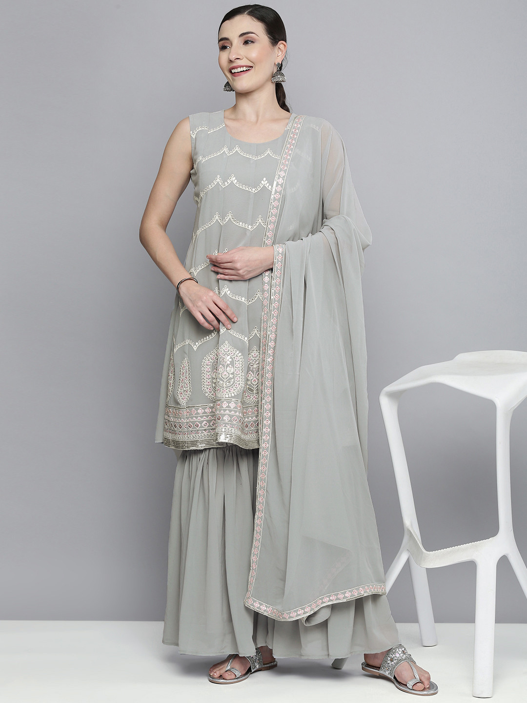Kvsfab Women Grey Embroidered Panelled Silk Georgette Kurta with Sharara & With Dupatta