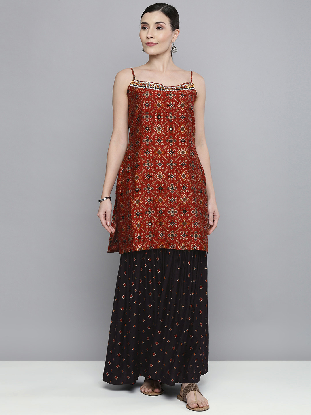 Kvsfab Women Red Mirror Work Kurta with Sharara