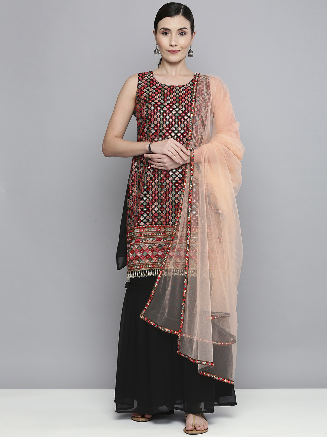 Kvsfab Women Black Embroidered Silk Georgette Kurta with Sharara & With Dupatta