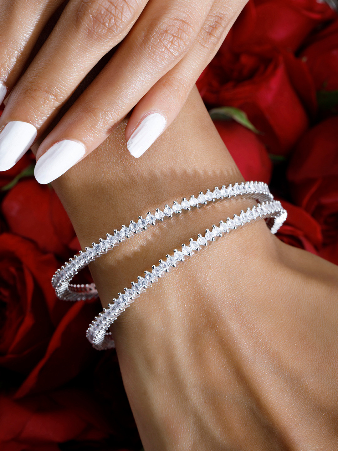 Rubans White Set of 2 Silver Plated Zirconia Stone Studded Bangles