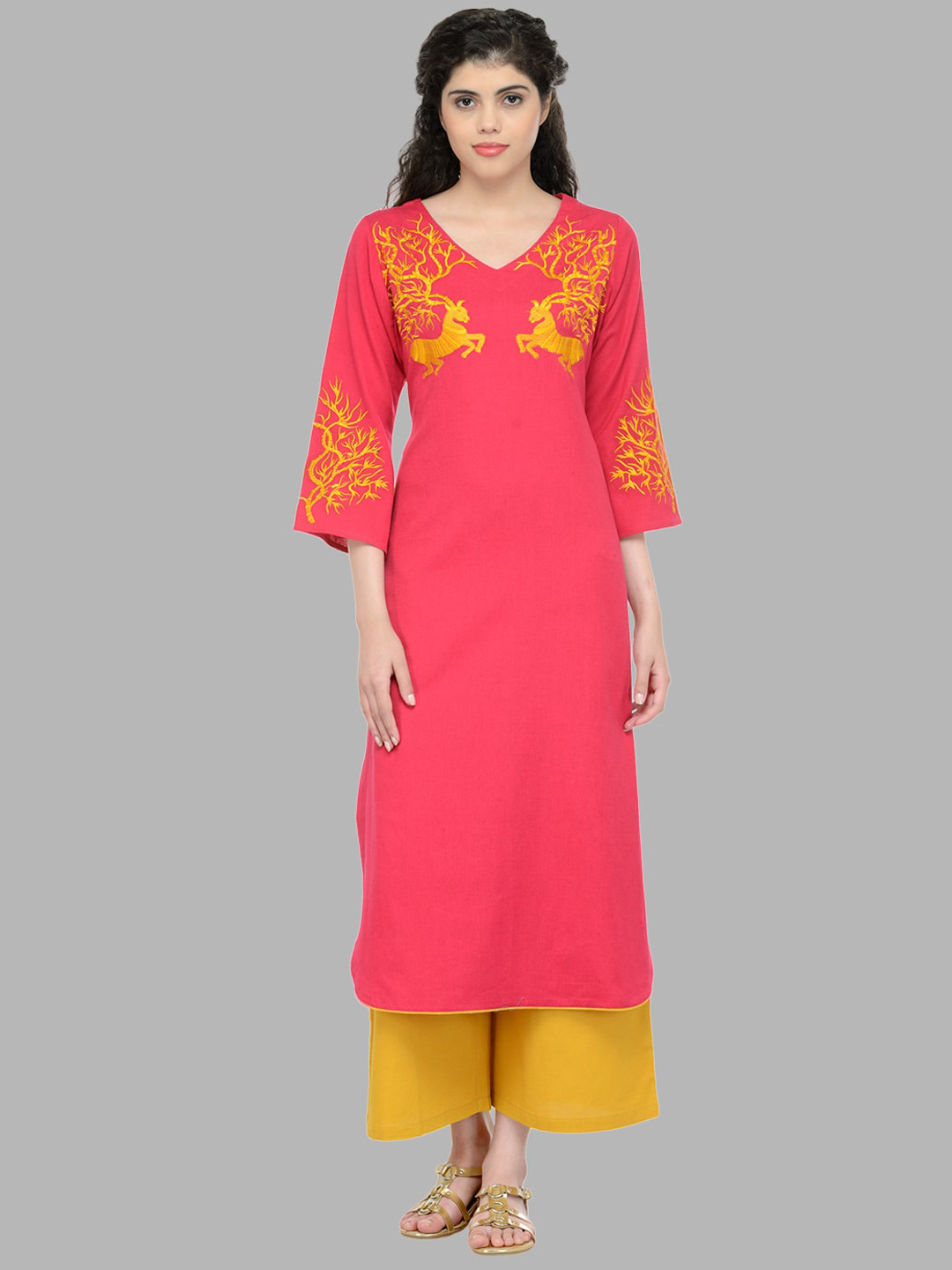 Bitterlime Women Pink & Yellow Yoke Design Flared Sleeves Thread Work Kurta