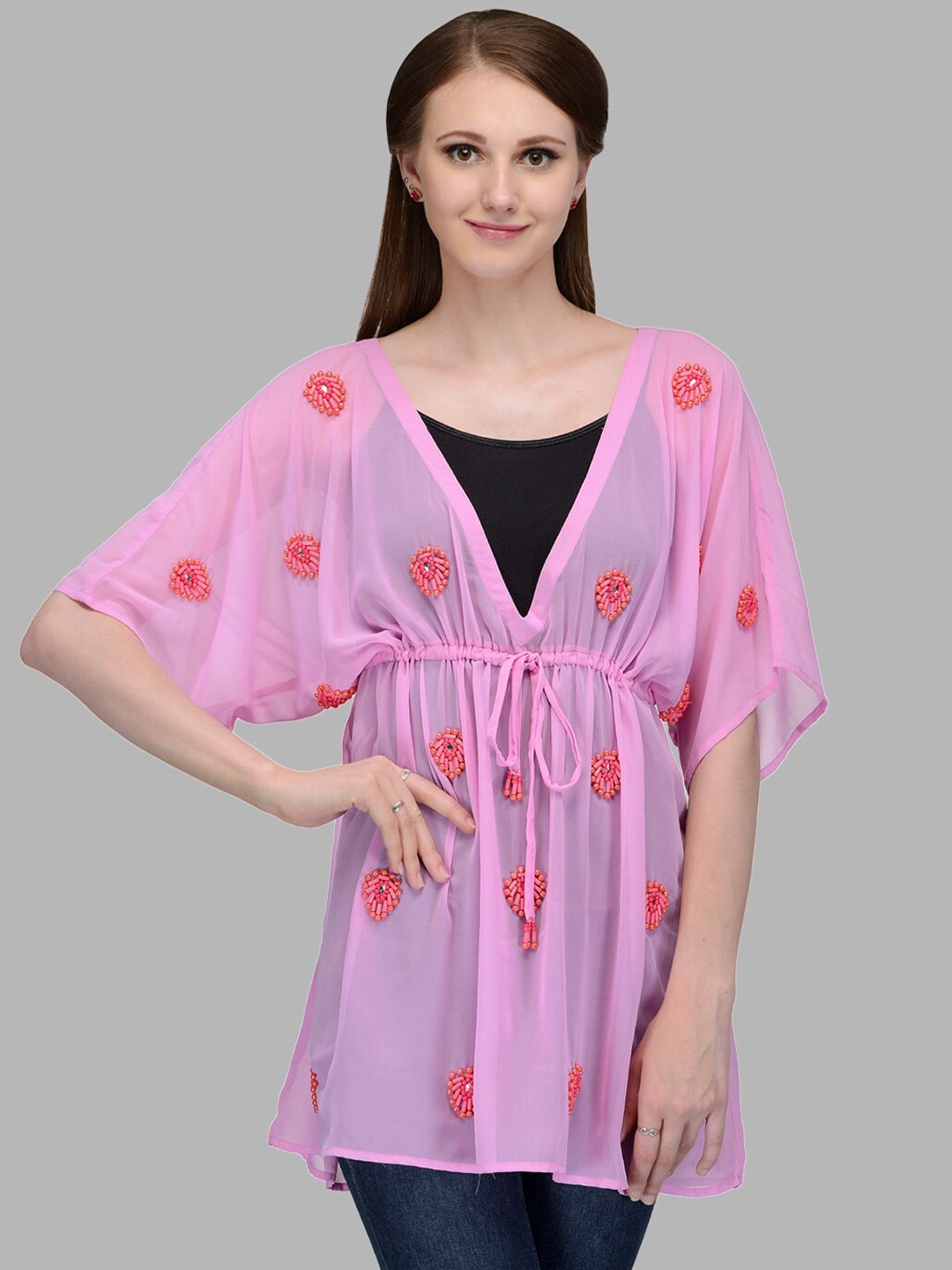 Bitterlime Woman Pink Floral Print Kimono Sleeve Top