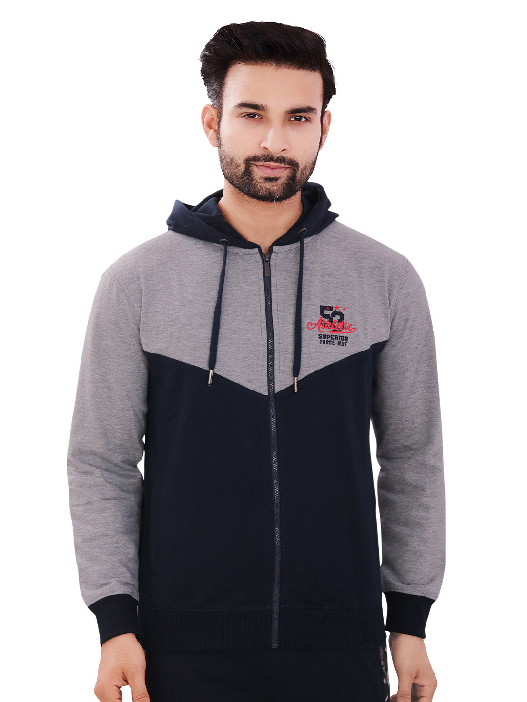 Force NXT Men Navy Blue & Grey Hooded Sweatshirt