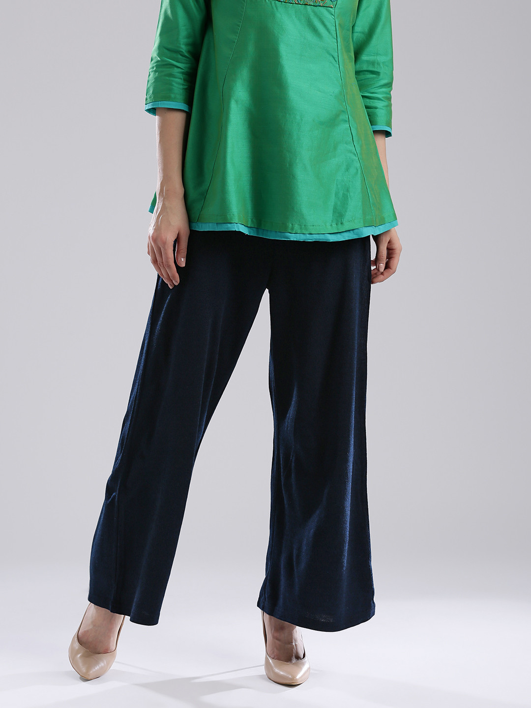 W Women Navy Blue Solid Palazzo Trousers