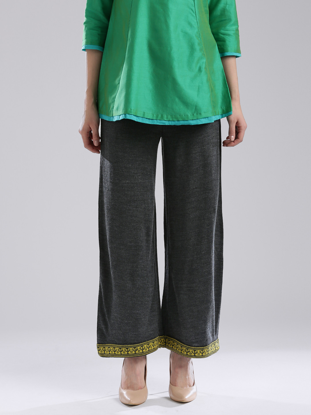 W Women Charcoal Grey Solid Palazzo Trousers