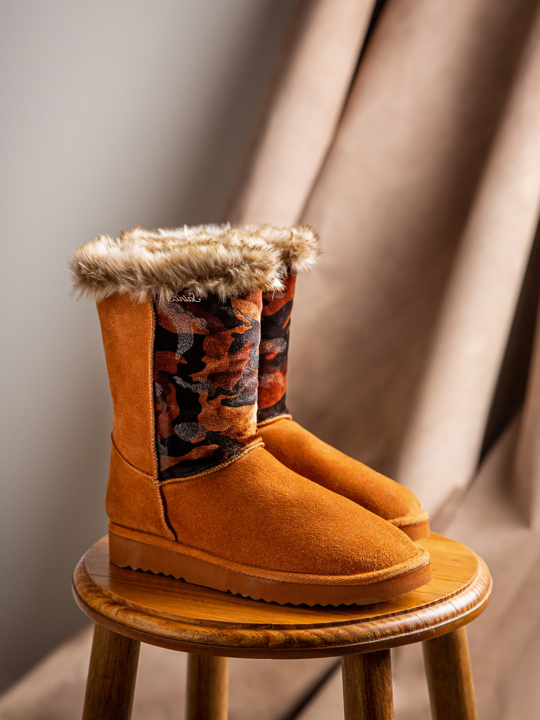 Saint G Tan Camouflage Fabric Suede Heeled Snug Boots