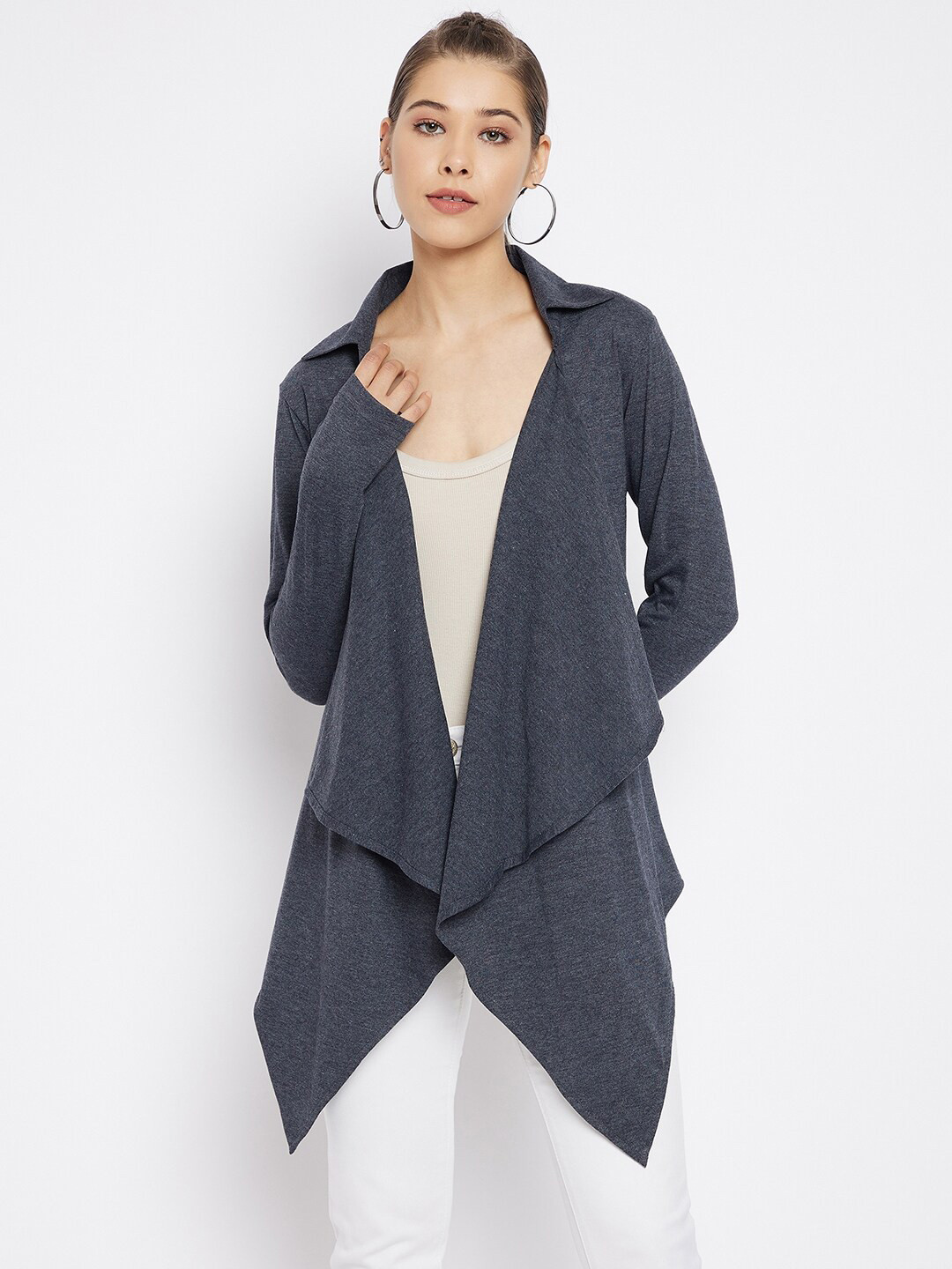 Hypernation Women Grey Solid Longline High-Low Shrug