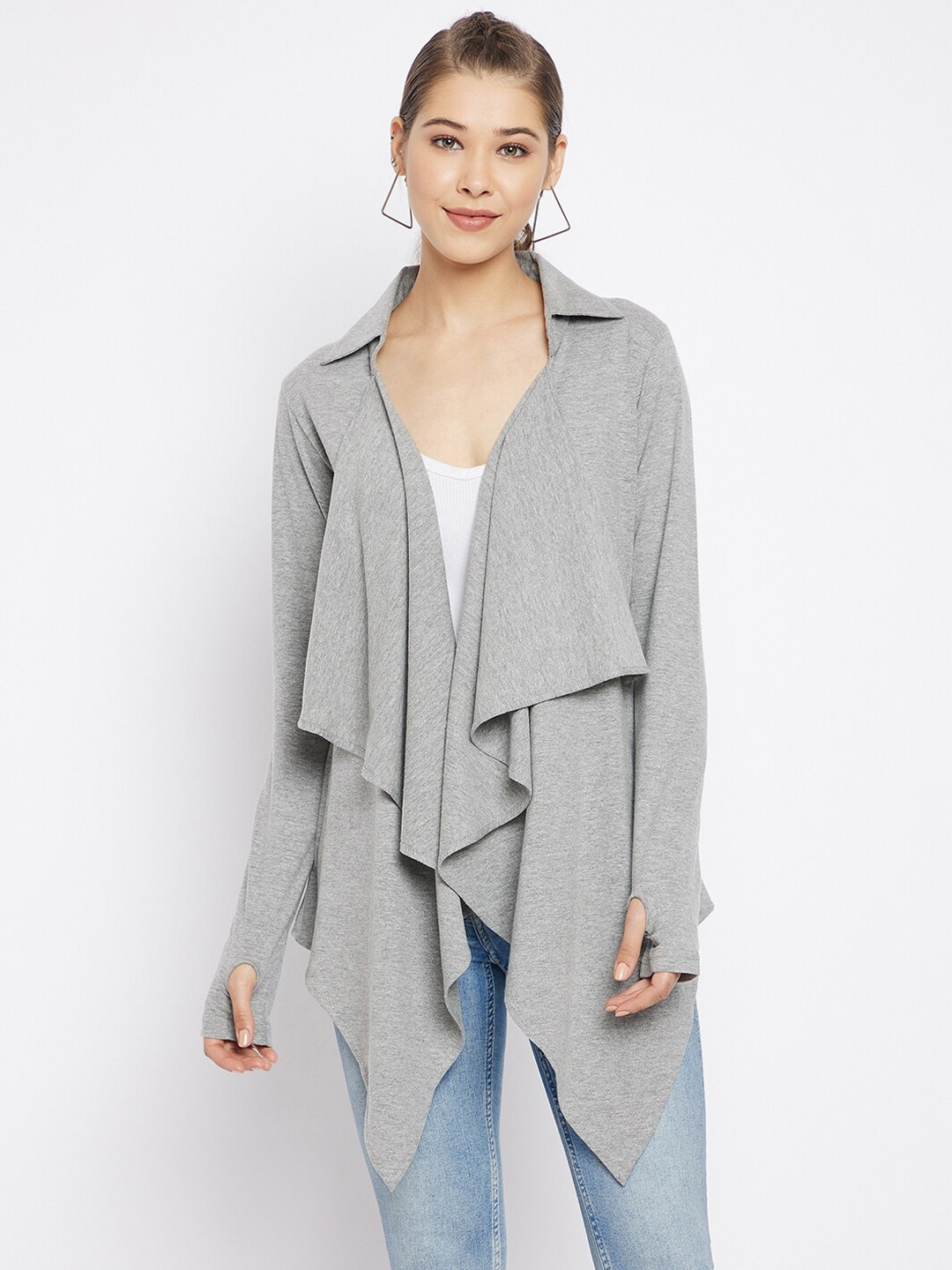 Hypernation Women Grey Melange Longline Waterfall Shrug