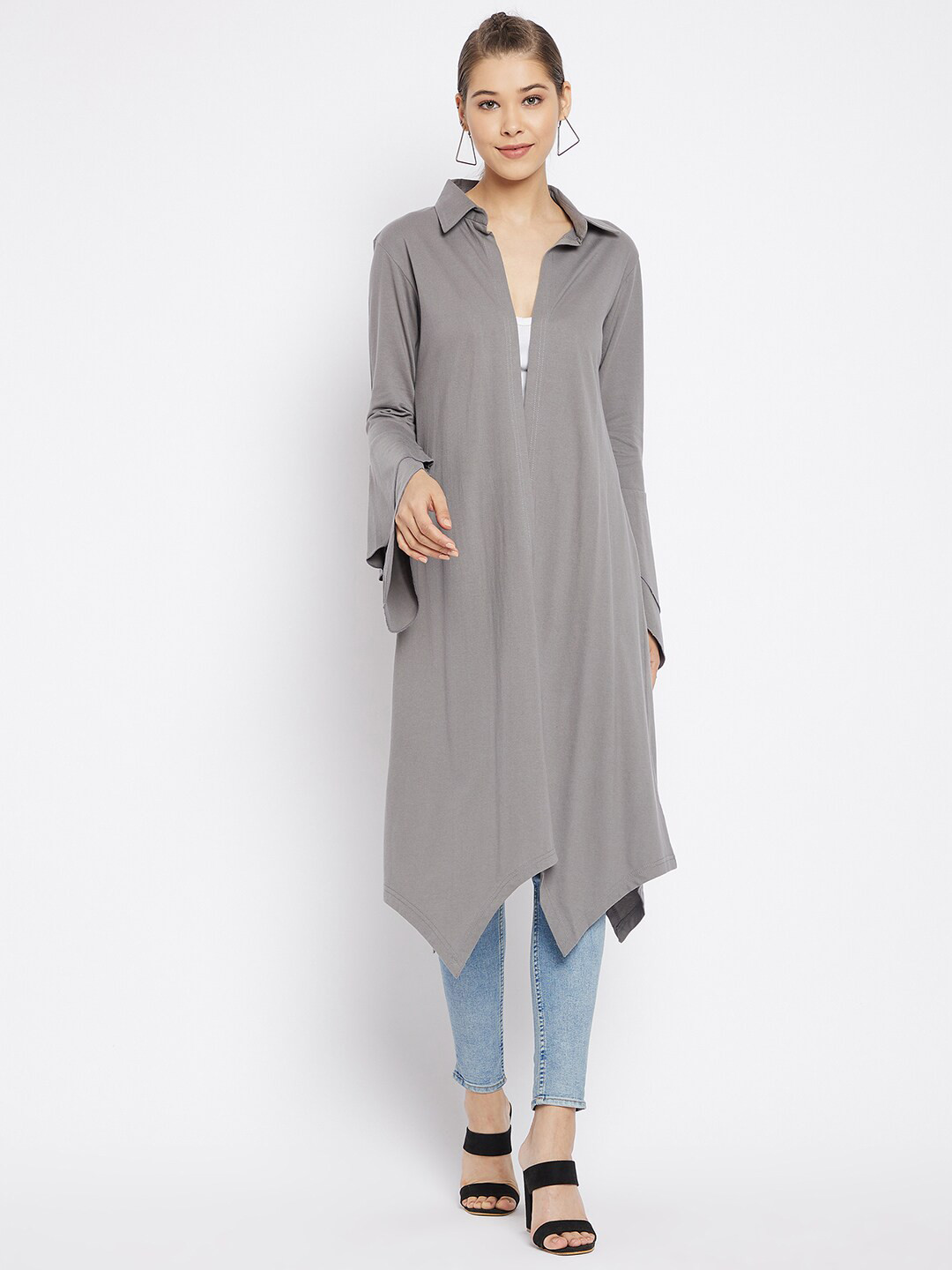 Hypernation Women Grey Pure Cotton Longline Shrug