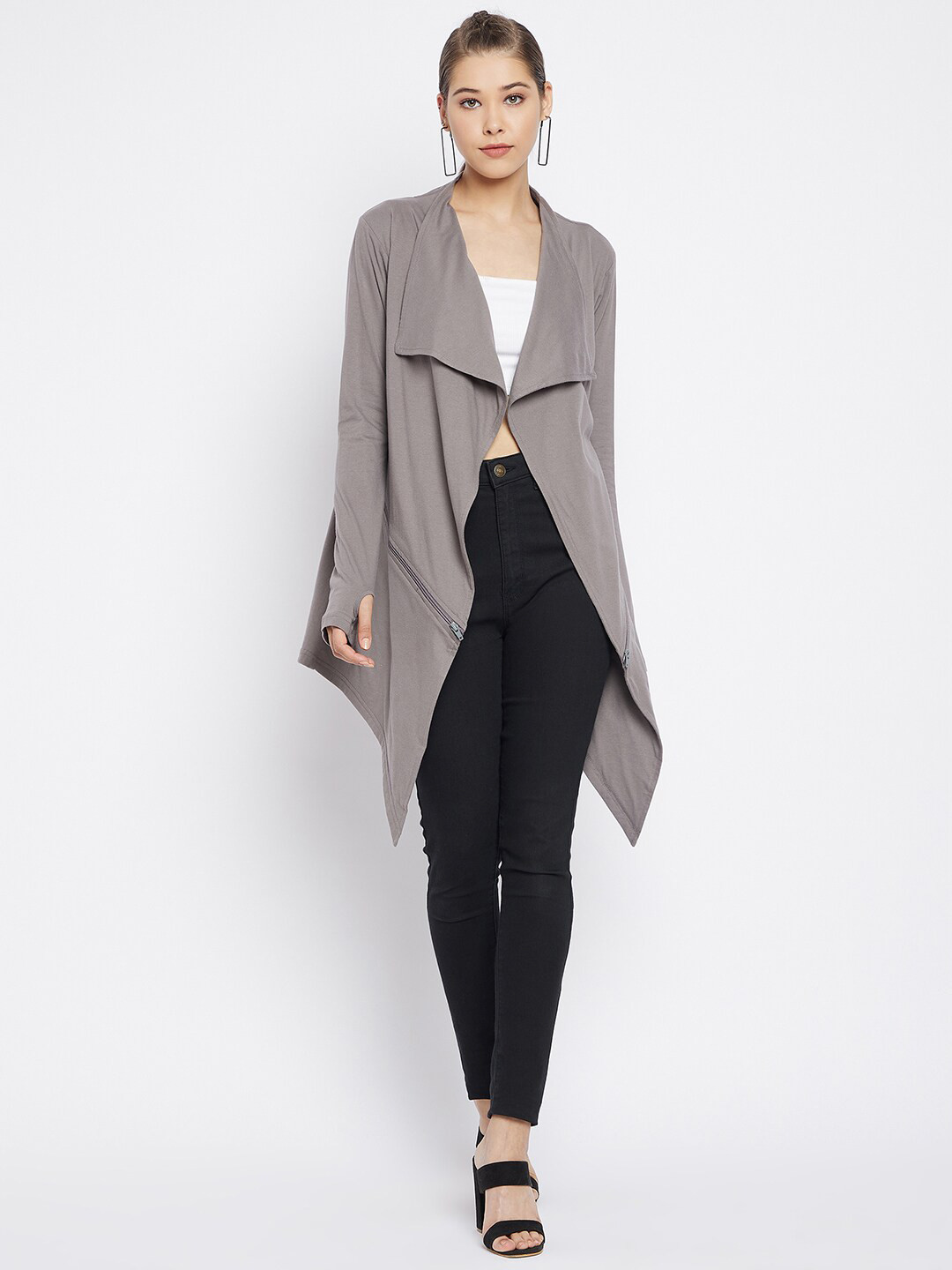 Hypernation Women Grey Cotton Knitted Longline Shrug