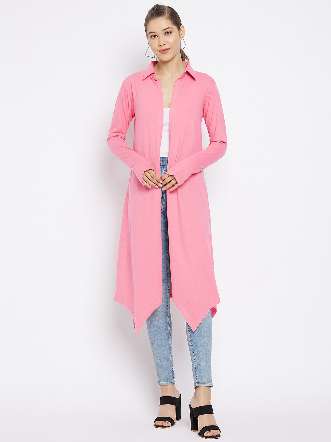 Hypernation Women Pink Asymmetric Pure Cotton Longline Shrug