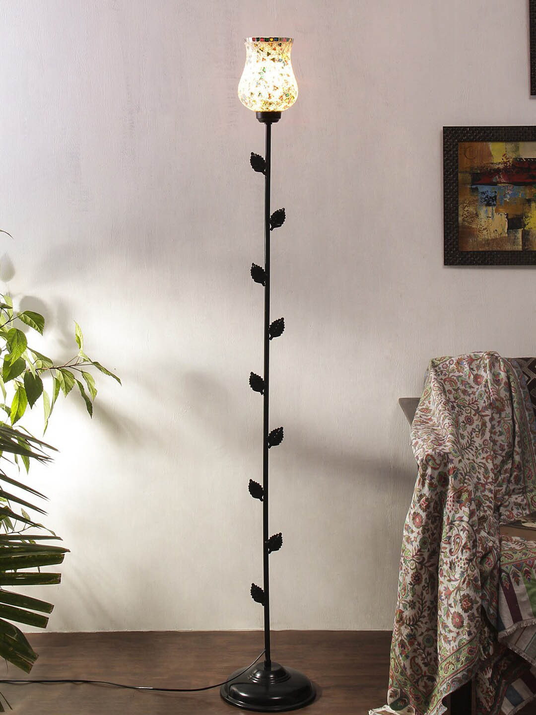 Devansh White & Multicoloured Traditional Floor Lamp with Shade