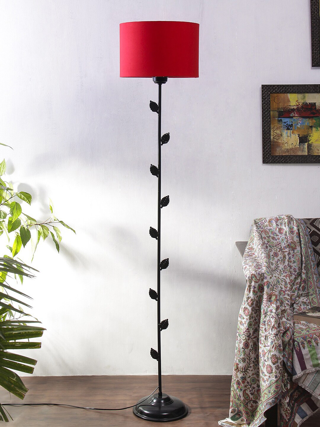 Devansh Red & Black Solid Contemporary Floor Lamp With Leaf Details