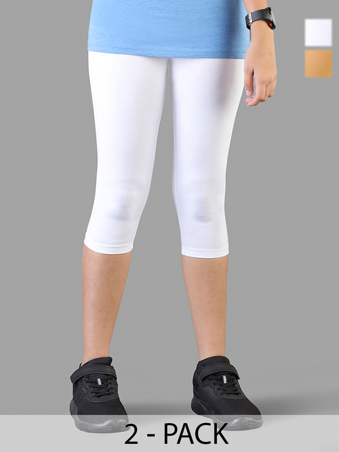 TWIN BIRDS Girls Pack Of 2 White & Beige Solid Three-Fourth Length Pure Cotton Leggings