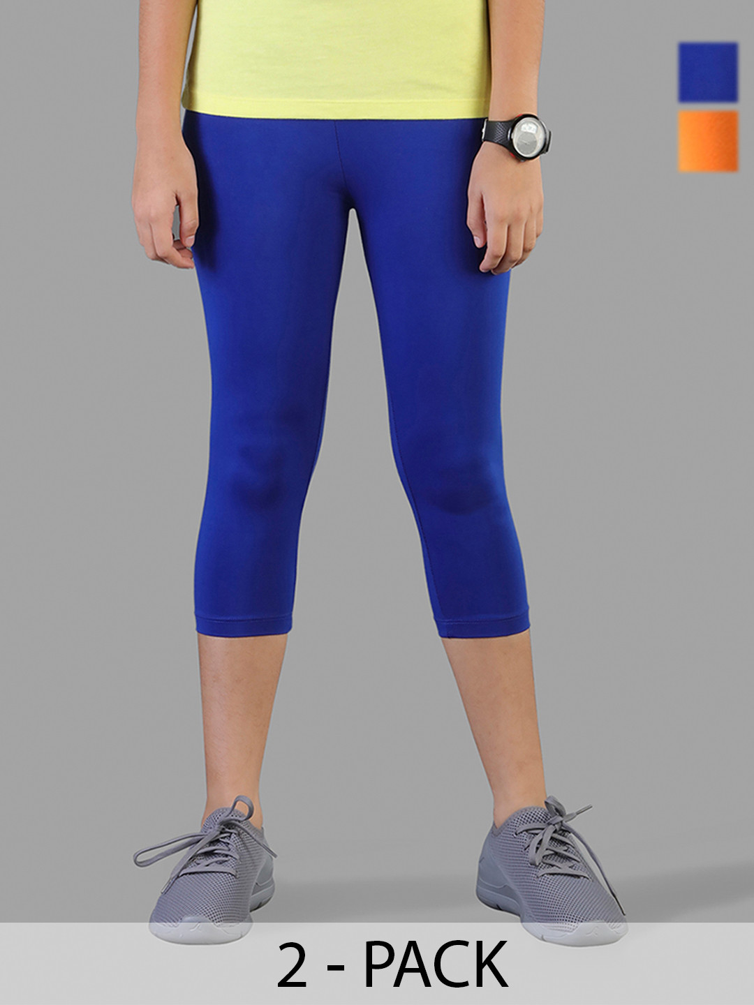 TWIN BIRDS Girls Pack of 2 Blue & Orange Solid Three-Fourth Length Pure Cotton Leggings