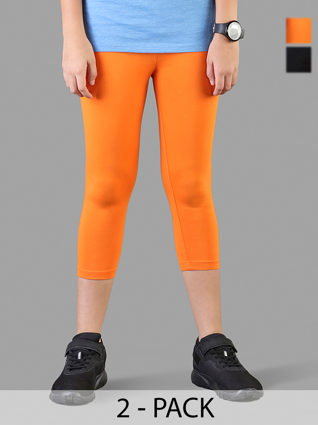 TWIN BIRDS Girls Pack Of 2 Solid Pure Cotton Three Fourth-Length Leggings