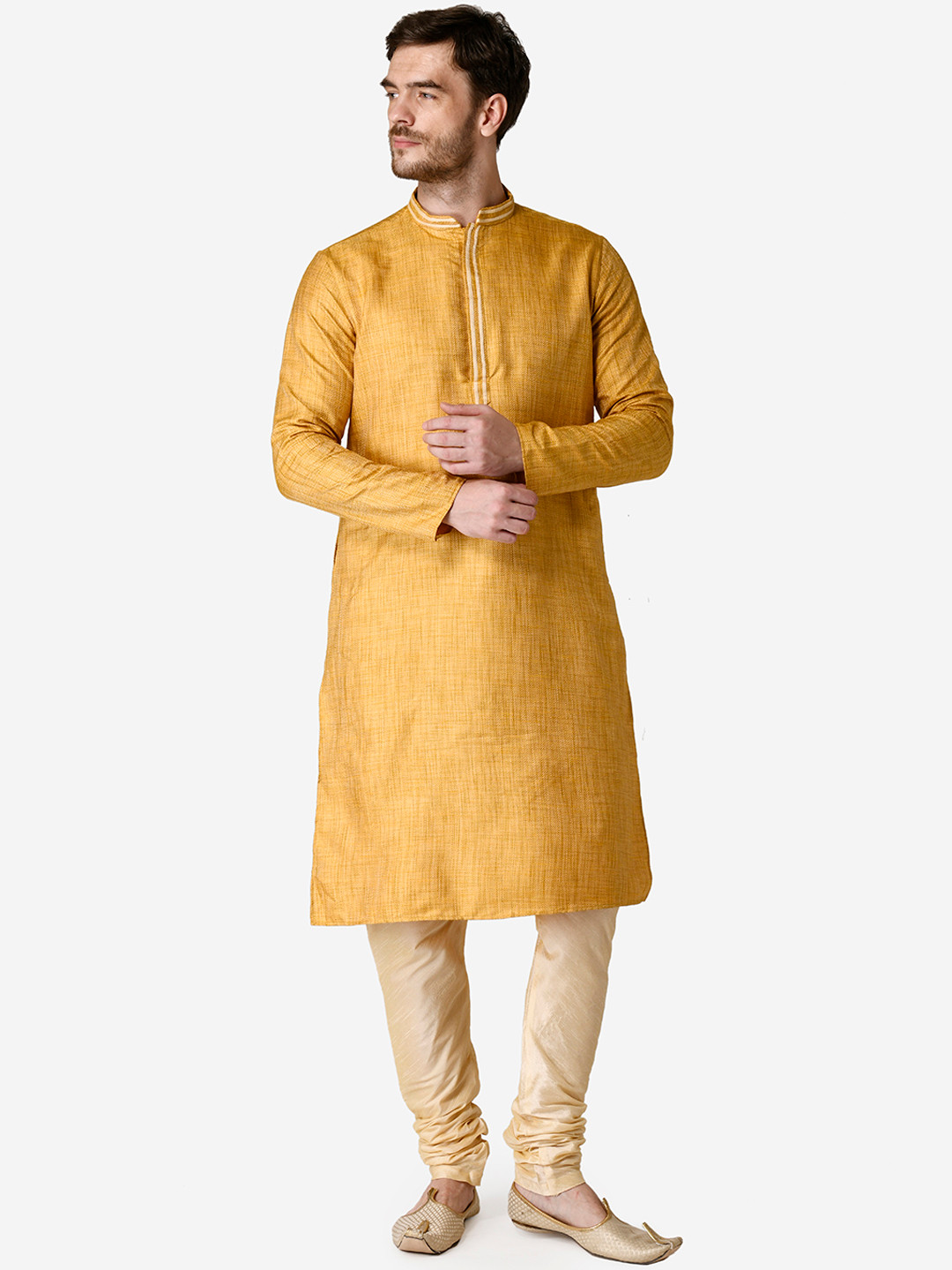 TABARD Men Yellow Jacquard Solid Kurta with Pyjamas