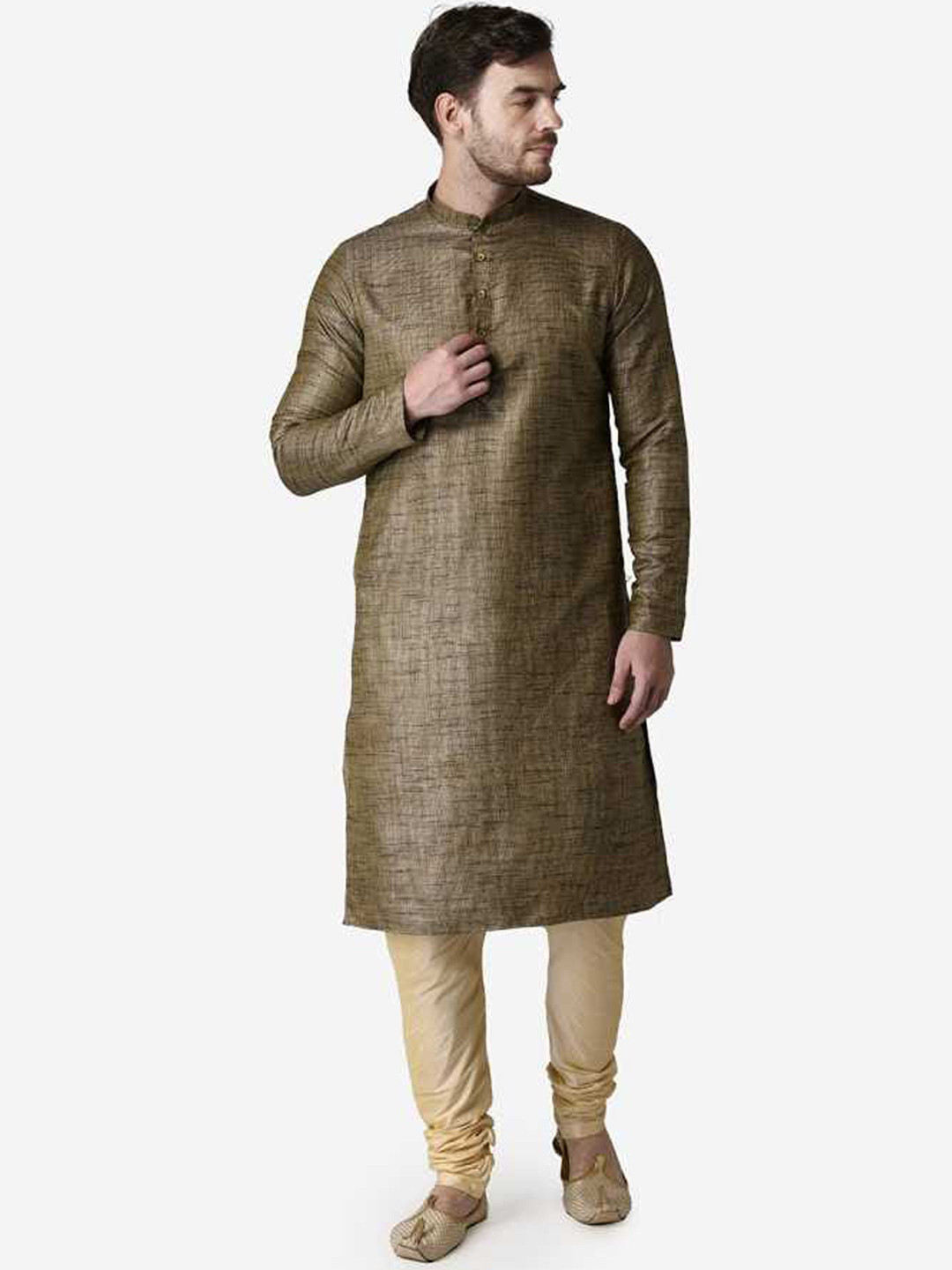 TABARD Men Beige Silk Blend Plain Kurta with Churidar
