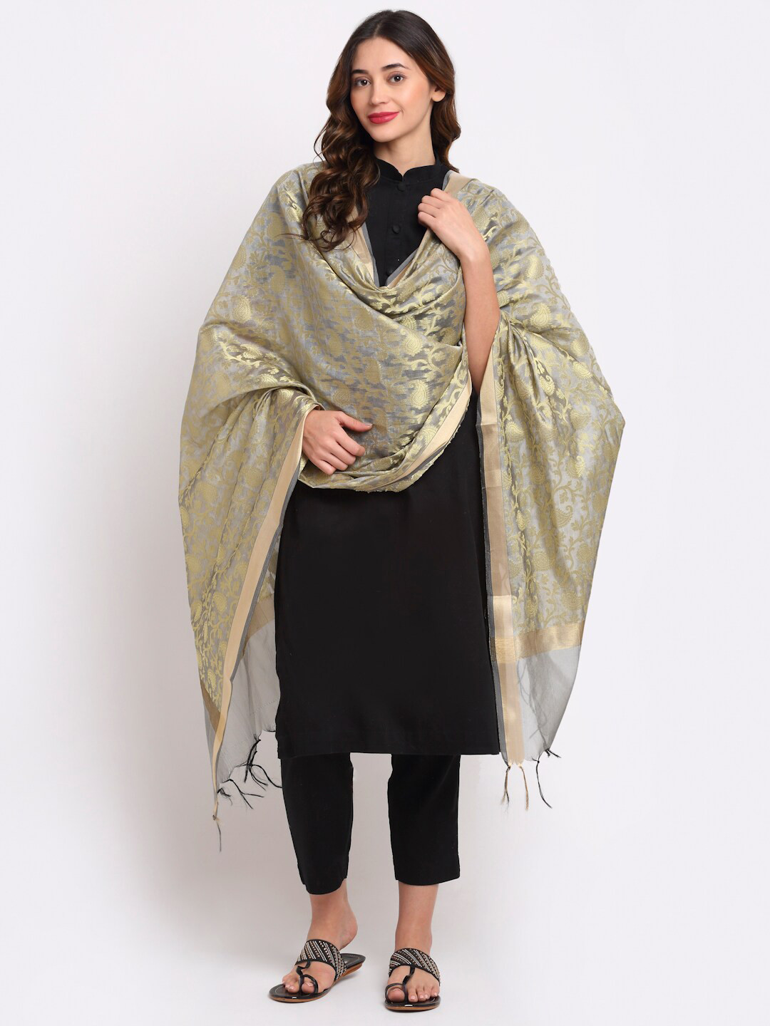 LOOM LEGACY Grey & Gold-Toned Woven Design Dupatta with Zari