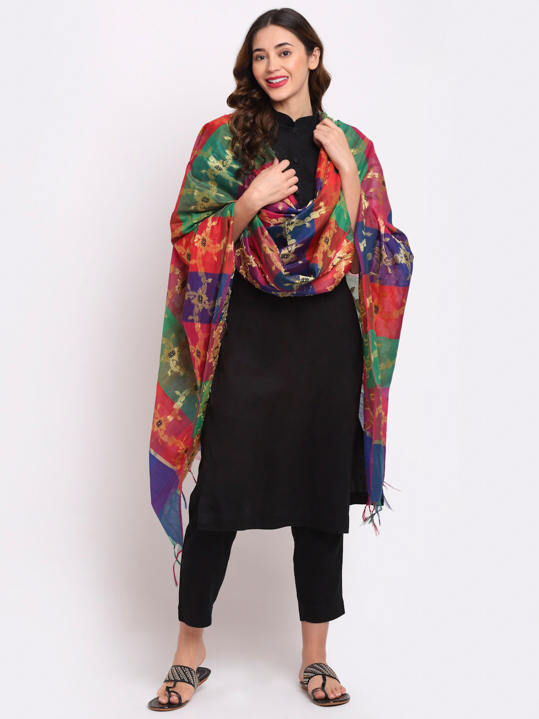 LOOM LEGACY Red & Blue Woven Design Dupatta with Zari