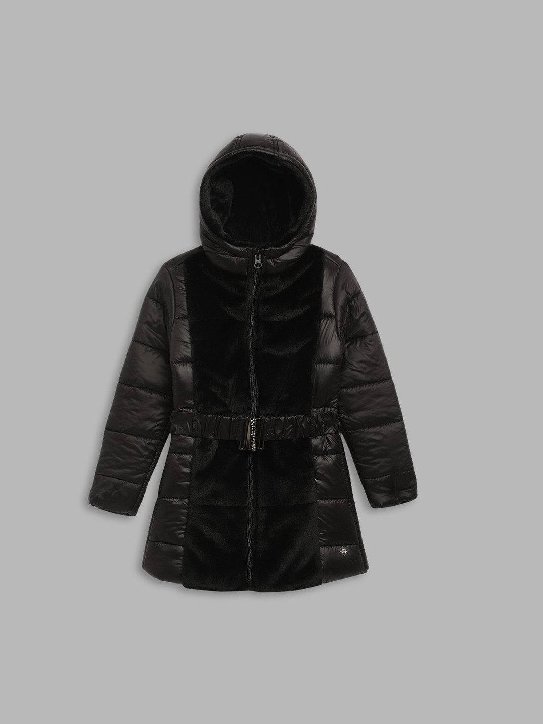 Blue Giraffe Girls Black Striped Longline Padded Jacket with Embroidered