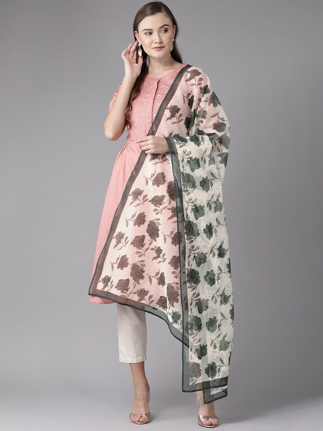 anayna Green & Beige Printed Block Print Dupatta