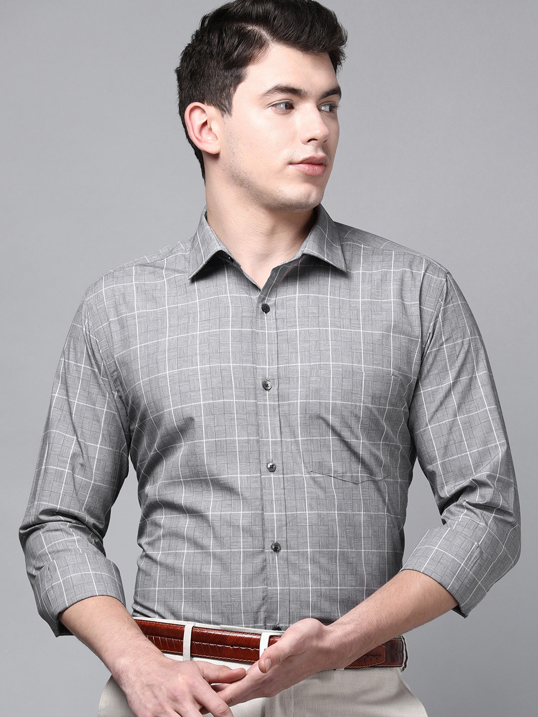 Park Avenue Men Grey Slim Fit Checked Pure Cotton Formal Shirt