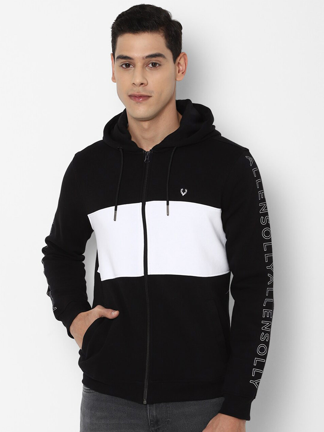 Allen Solly Men Black & White Colourblocked Pure Cotton Hooded Sweatshirt