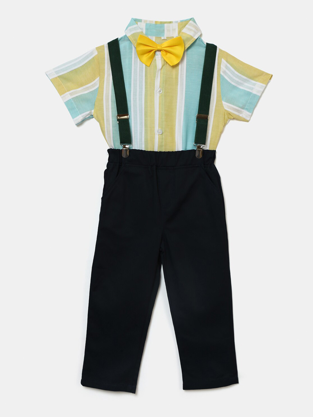 Hopscotch Boys Black & Blue Striped Shirt With Suspender Trousers