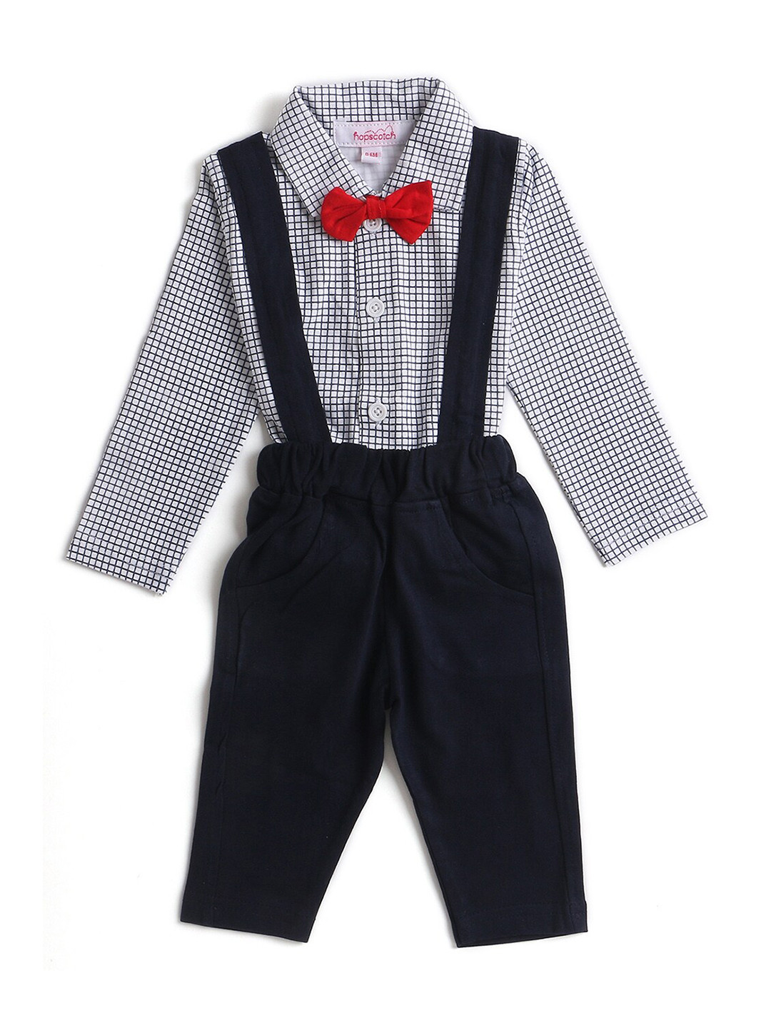 Hopscotch Boys Blue & White Checked Shirt With Suspender Bow with Trousers