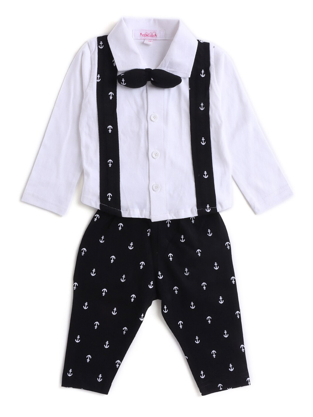 Hopscotch Boys Black & White Printed Organic Cotton Shirt with Trousers & Bow