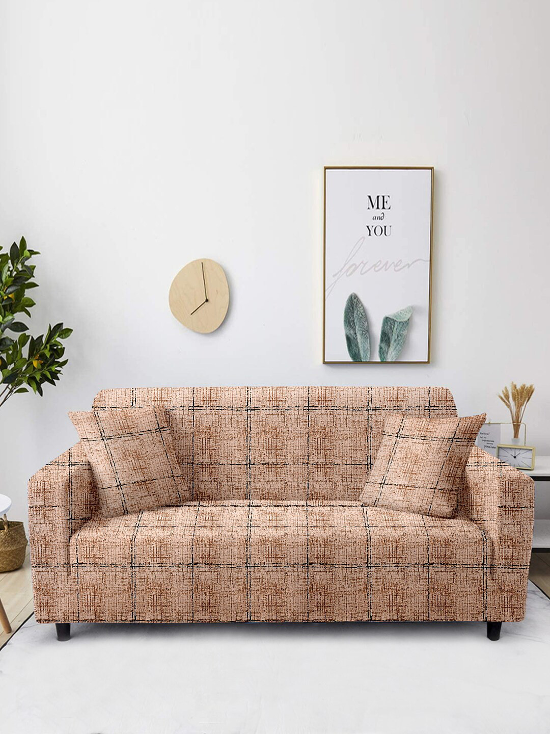 Aura Brown Checked 2-Seater Non-Slip Sofa Cover