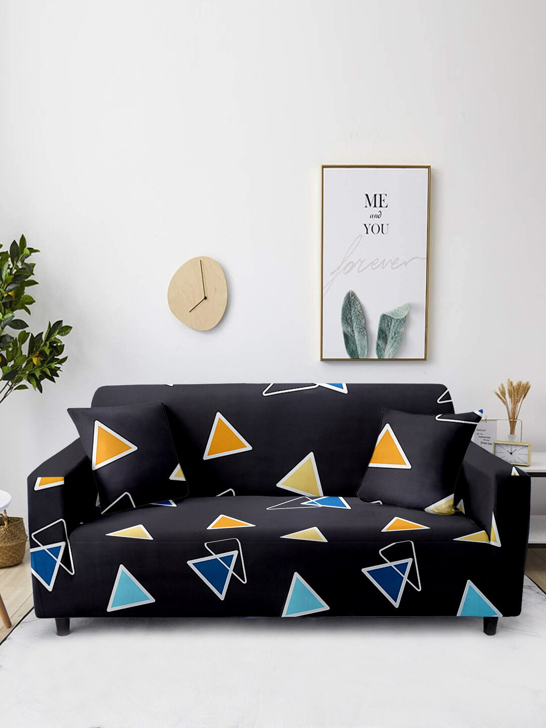 Aura Black & Blue Printed 3-Seater Non-Slip Sofa Cover