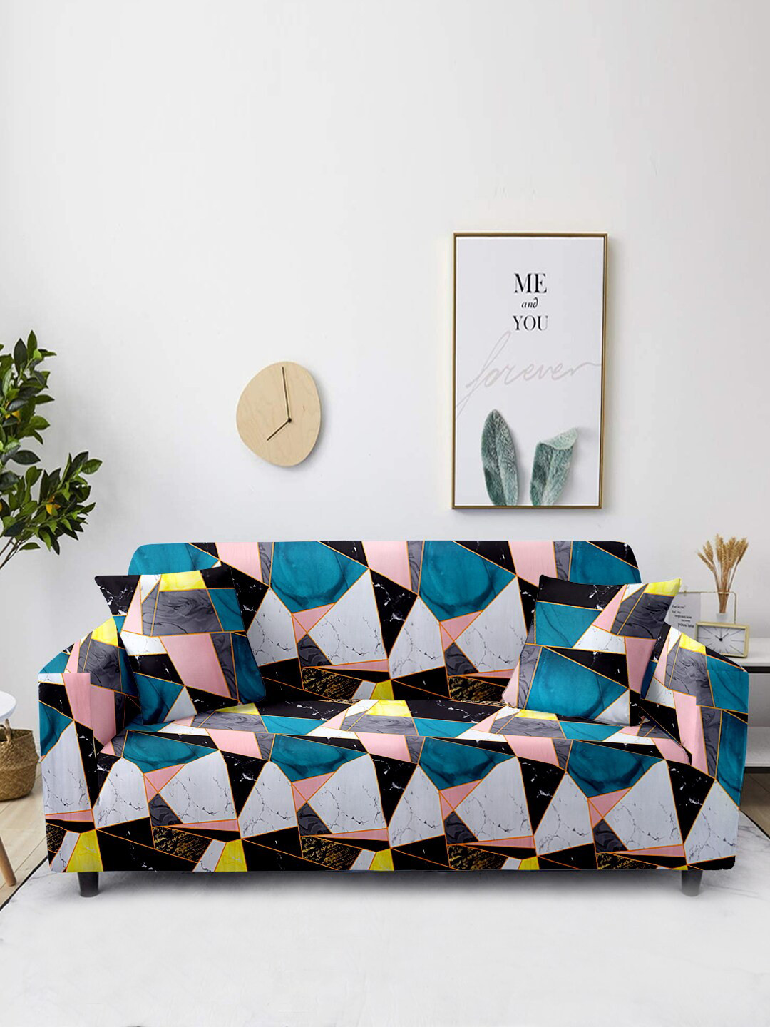 Aura White & Blue Printed 2-Seater Non-Slip Sofa Cover