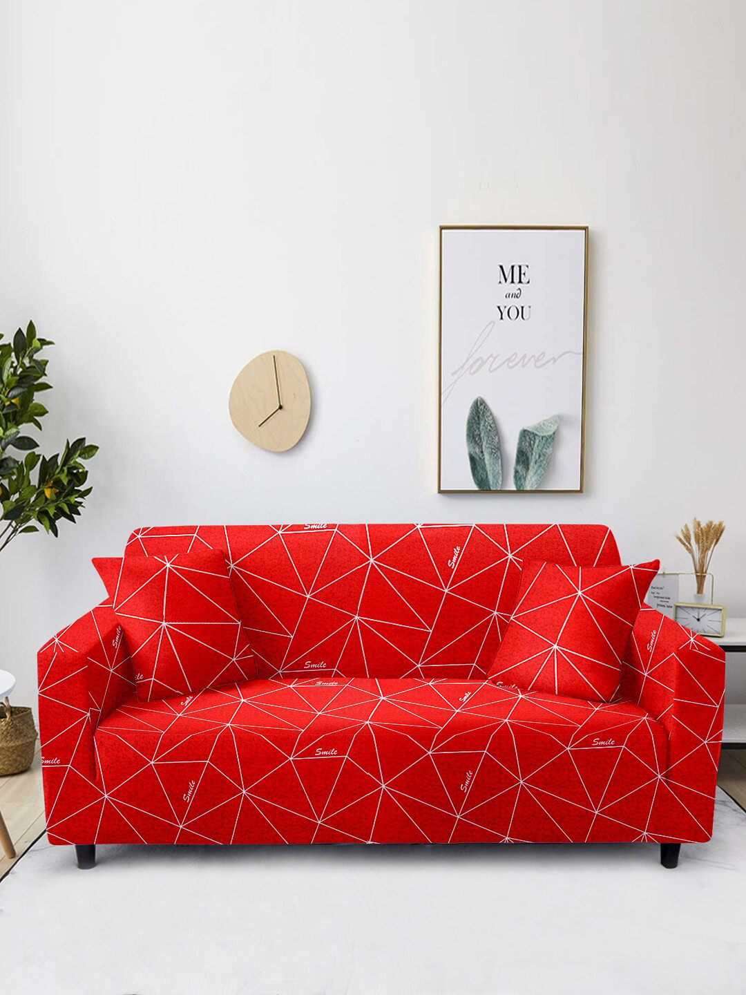 Aura Red & White Printed 2-Seater Non-Slip Sofa Cover