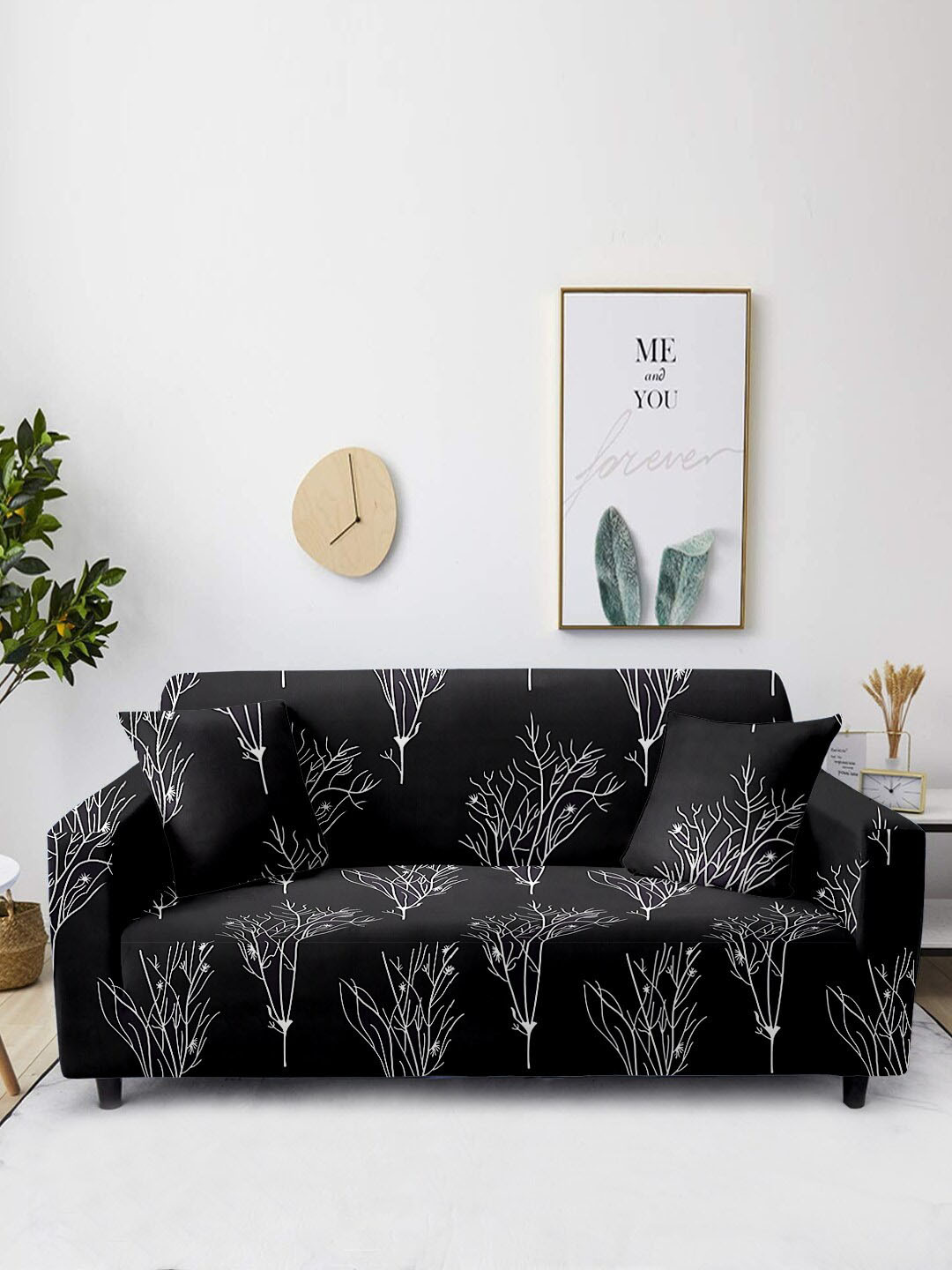 Aura White & Black Printed 3-Seater Non-Slip Sofa Cover