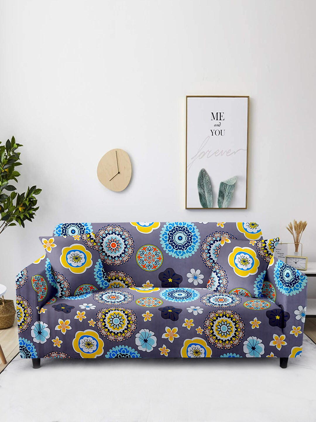 Aura Grey & Blue Floral Printed 2-Seater Non-Slip Sofa Cover