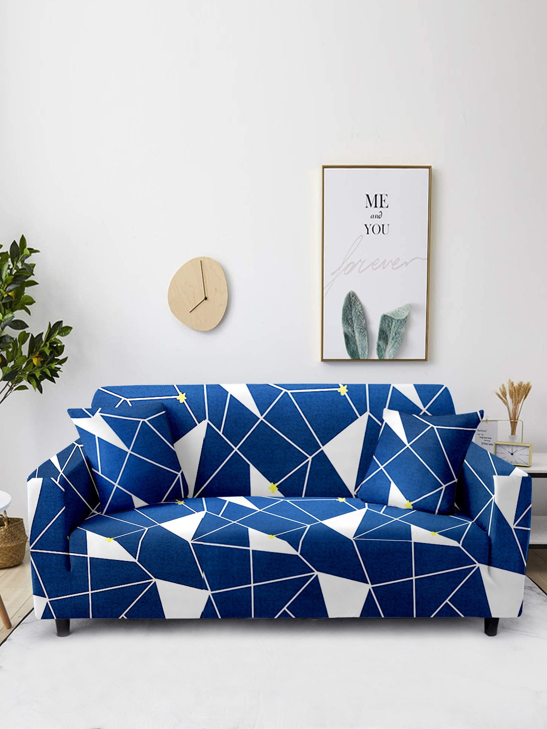 Aura Blue & White Printed Non Slip 2-Seater Sofa Cover