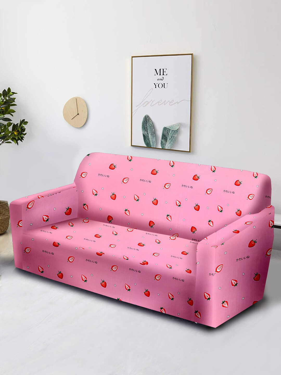 Aura Pink & Red Printed 2-Seater Non-Slip Sofa Cover