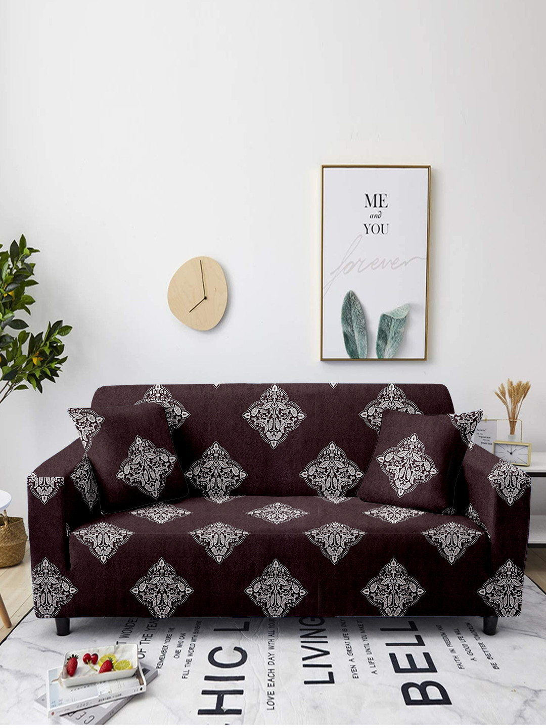 Aura Brown & White Printed 2-Seater Non-Slip Sofa Cover