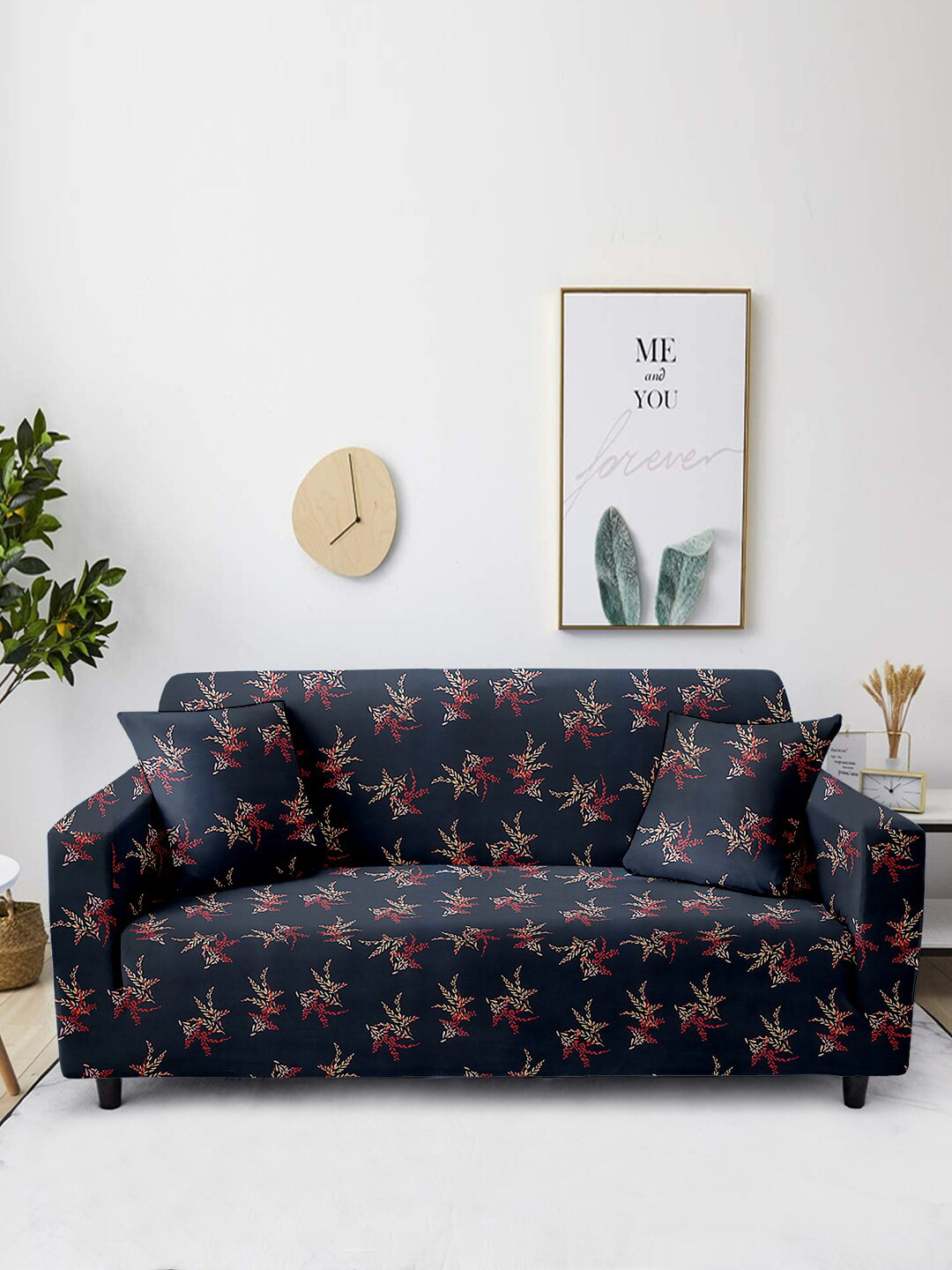 Aura Grey & Red Printed 2-Seater Non-Slip Sofa Cover
