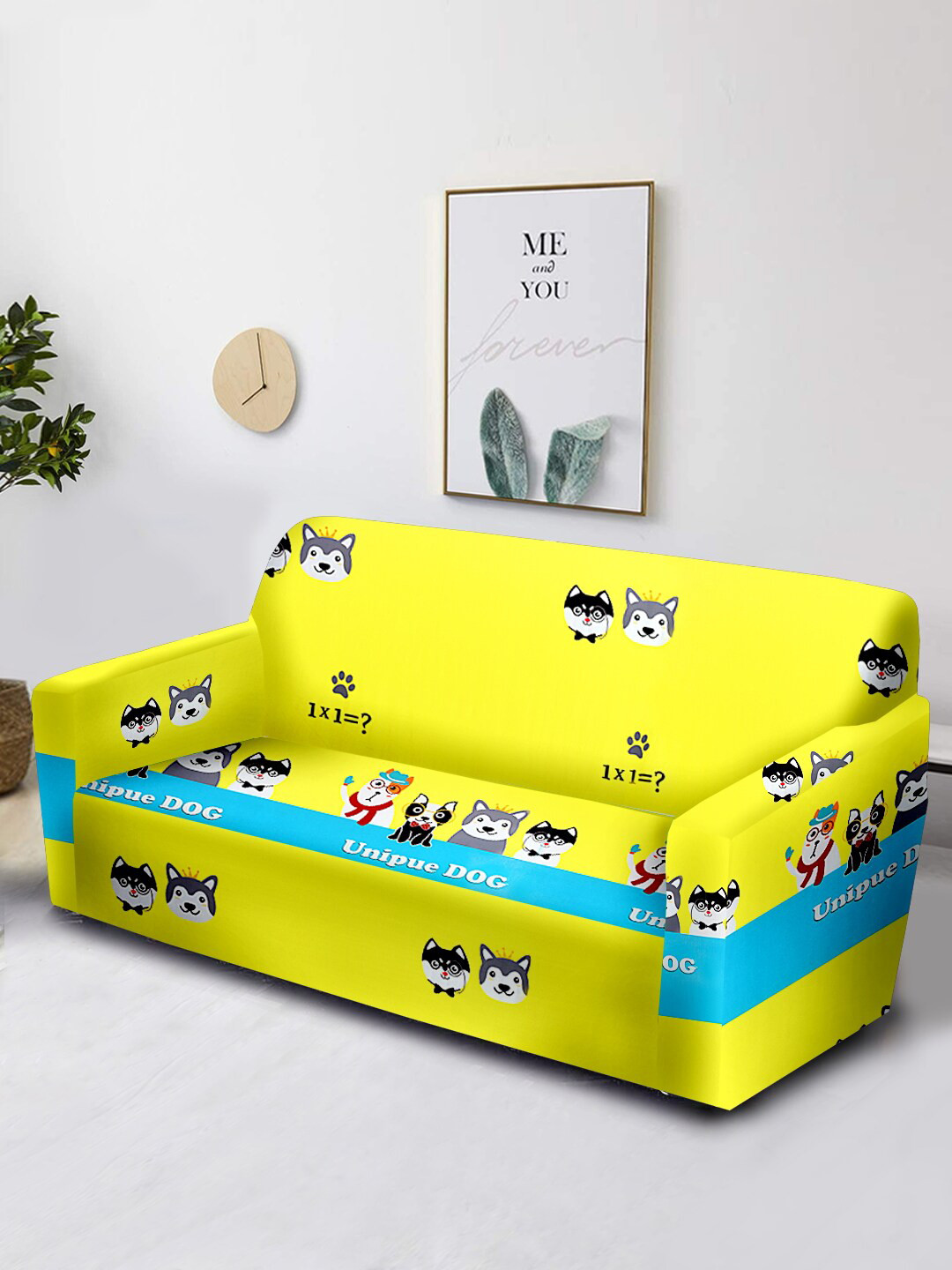 Aura Yellow & Blue Printed 3-Seater Non-Slip Sofa Cover