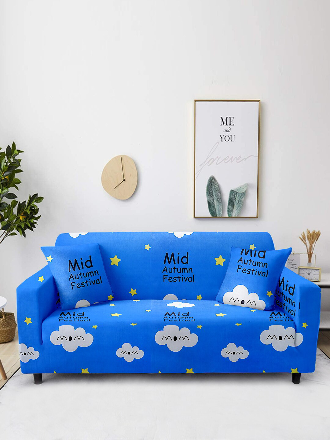 Aura Blue & White Printed 2-Seater Non-Slip Sofa Cover