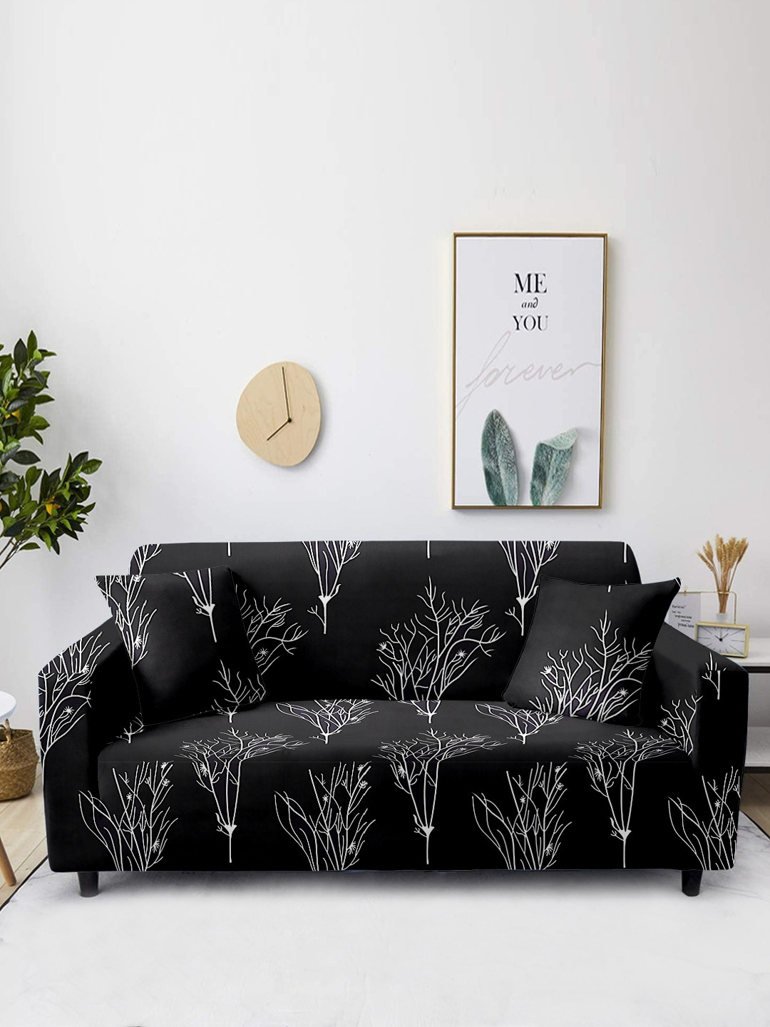 Aura White & Black Printed 2-Seater Non-Slip Sofa Cover