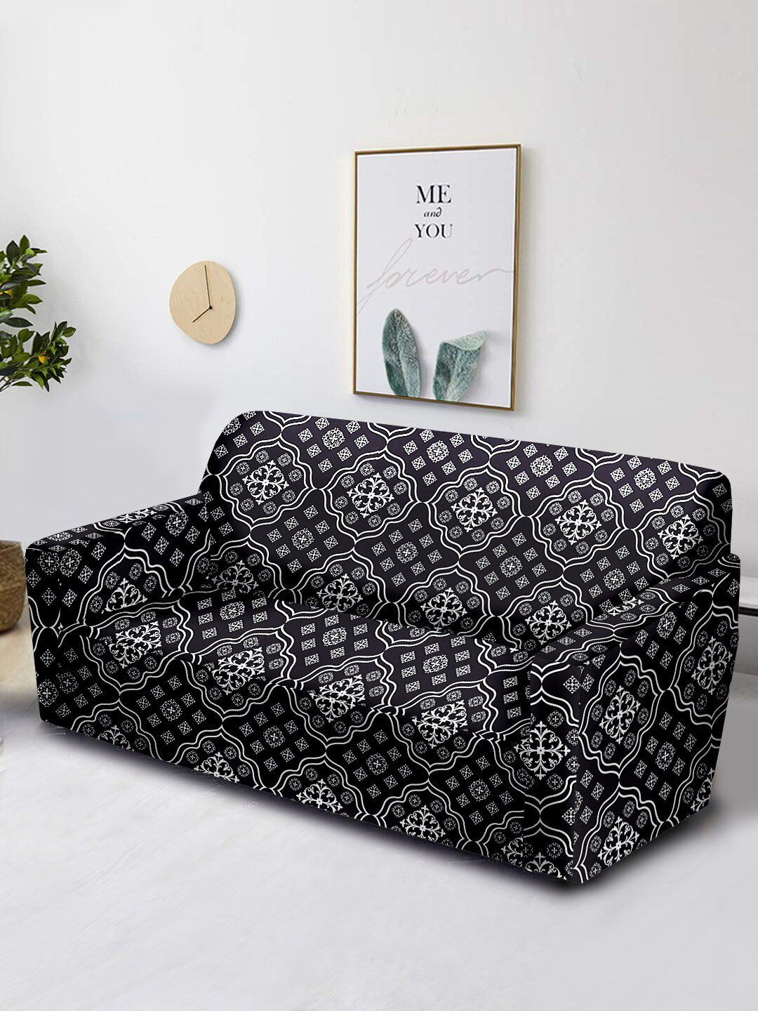 Aura Black Ethnic Motifs Polyester Stretch Fit Straight 3 Seater Sofa Cover-73x91In