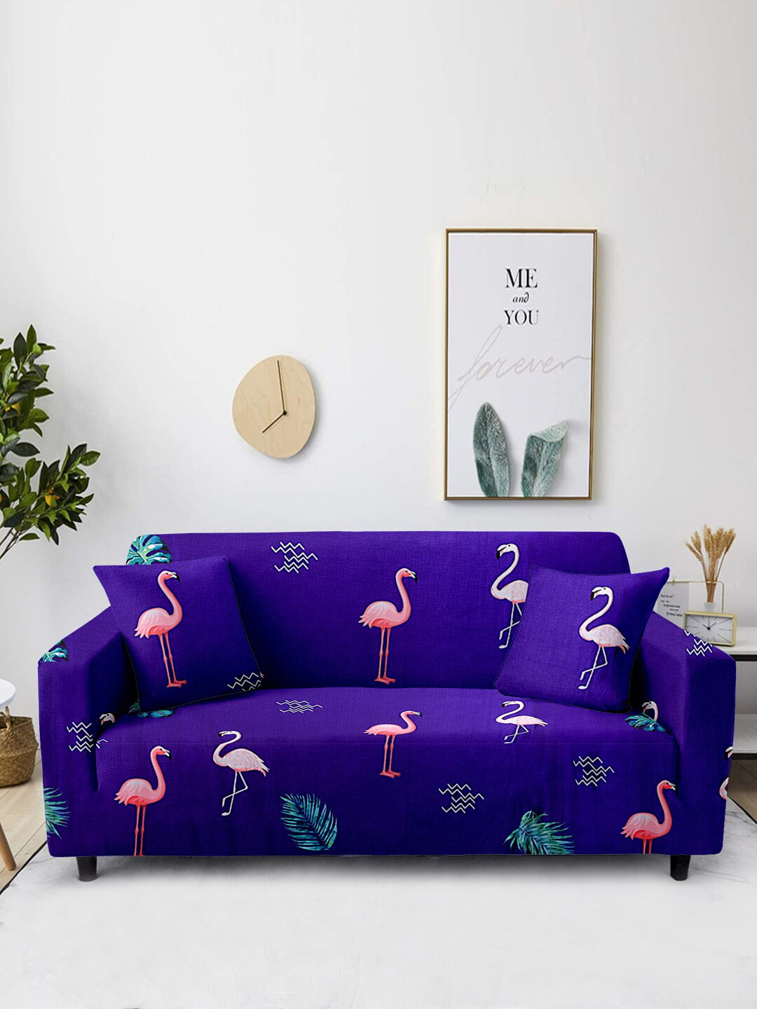 Aura Blue & Pink Printed 2-Seater Non-Slip Sofa Cover