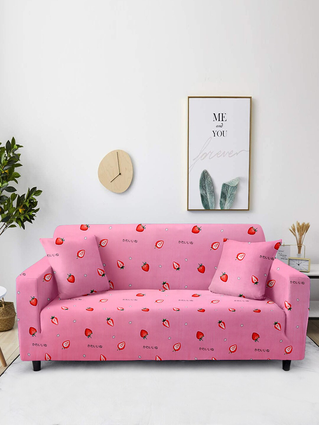 Aura Pink Conversational Spandex Stretch Fit Straight 3 Seater Sofa Cover-73x91In