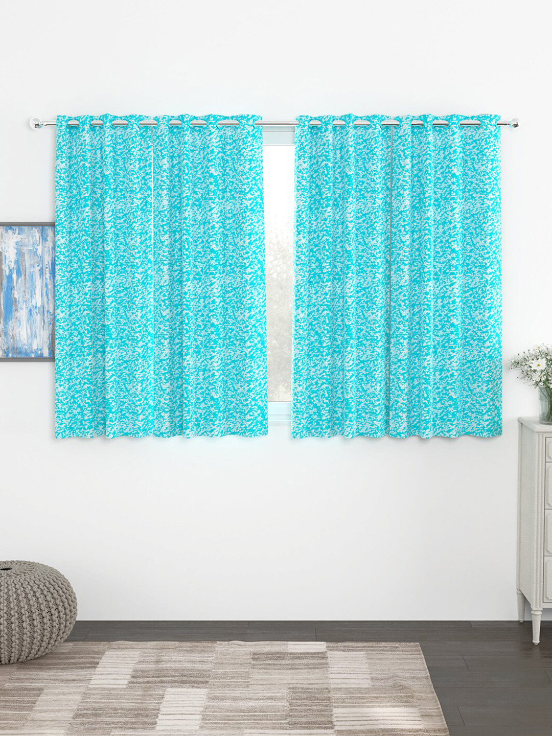 Story@home Turquoise Blue & White Set of 4 Black Out Jacquard Window Curtains